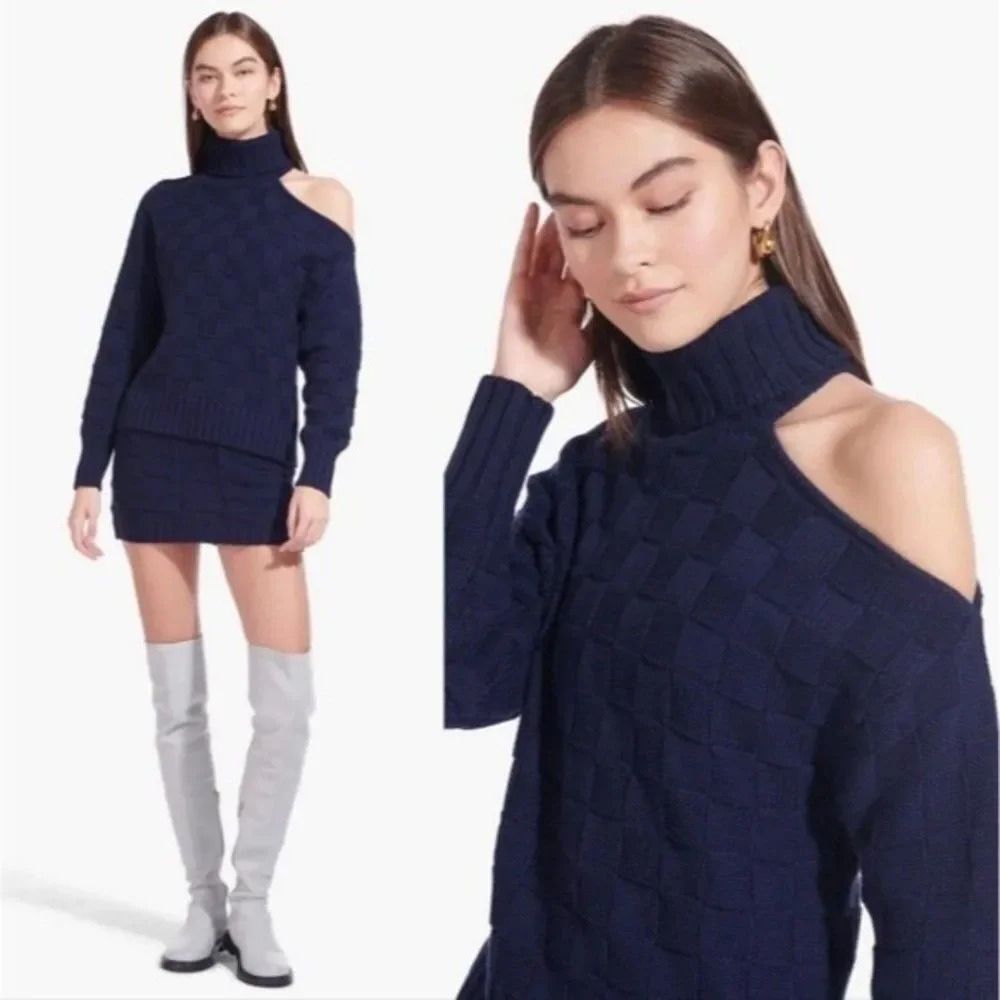 NEW STAUD Rocky Cut Out Navy Blue Basket Weave Turtleneck Sweater Size Small